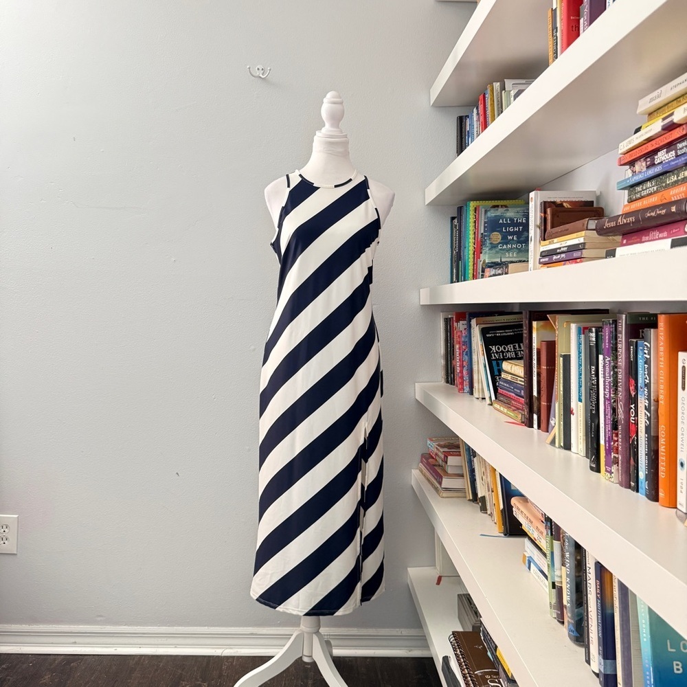 Jude Connally Navy & White Diagonal Stripe Maxi Dress Small